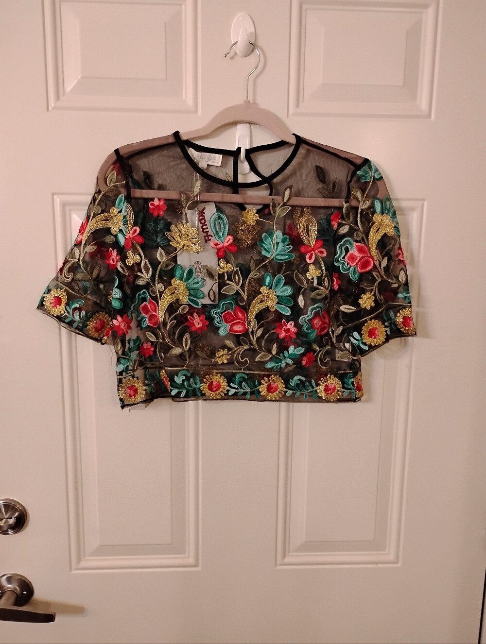 Rebellion Black Sheer Embroidered Floral Crop Top - Multicolor Embroidery